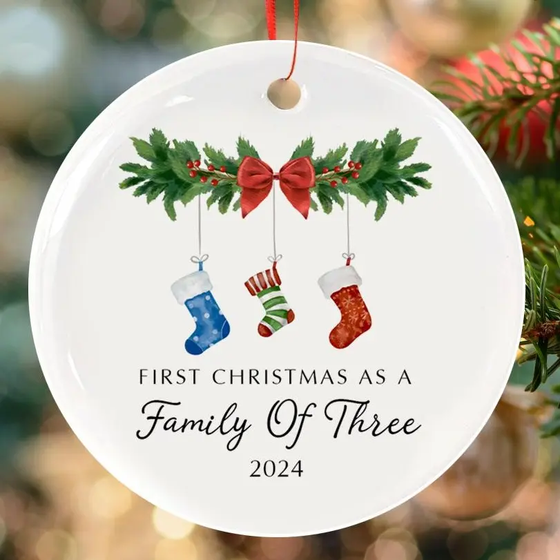 Christmas Family Ornament, First Christmas Ornament, Family Of Three Ornament, New Family Gift, New Baby Ornaments 2024, Baby Keepsake, Xmas Tree Ornaments,Christmas Ceramic Keepsake