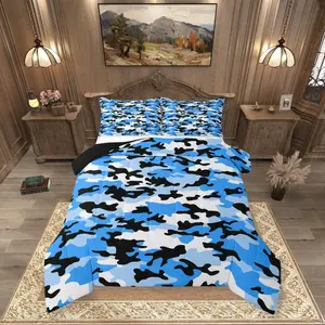 Blue Camouflage Comforter Set,Camo Militarily Tie Dye Bedding Set for Kids Boys Girls | Army Retro Campaign Comforter Military Themed Geometric Duvet Insert