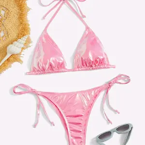 Metallic Bikini Set Halter Triangle Bra Top & Tie Side Bikini Bottom 2 Piece Bathing Suit Hand Wash side ties
