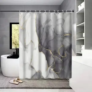 1PC Golden Gray White Marble Pattern Shower Curtain, Multiple Sizes, Polyester Fabric, with Hooks, Machine Washable, All Seasons, Bathroom Partition Curtain, Suitable for Walls and Bathtubs, Bathroom Home Decoration Shower Curtain