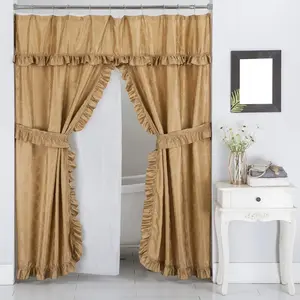 Double Swag Ruffled Fabric Shower Curtain Set, Intersected Leaves , PEVA Liner and Roller Rings (Tan )