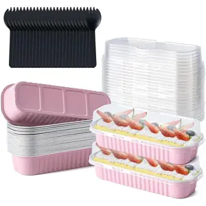 Pack Mini Cake Pans with Lids and Spoons, Small Aluminum Foil Loaf Pans, Rectangular Baking Containers for Party and Picnics, 6.8oz (Pink)