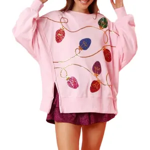 ChristmasLightsPrintedSweatshirt,WomenChristmasSweatshirt,CasualSoftDropShoulderLongSleevesSweatshirtPullover