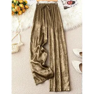 1pc Women Gold Straight-Leg Pants, Elegant Trousers For New Year Holiday Party Clothes Fall Cloth For Women Fabric Fit Womenswear Bottom Basic Casual
