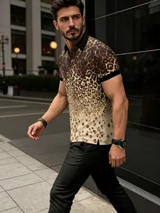 1pc Men's Wild Leopard Graphic Casual Polo - Fun Bold Style, Soft Comfortable Polyester, Suitable for All Ages & Summer Vacation Outfits