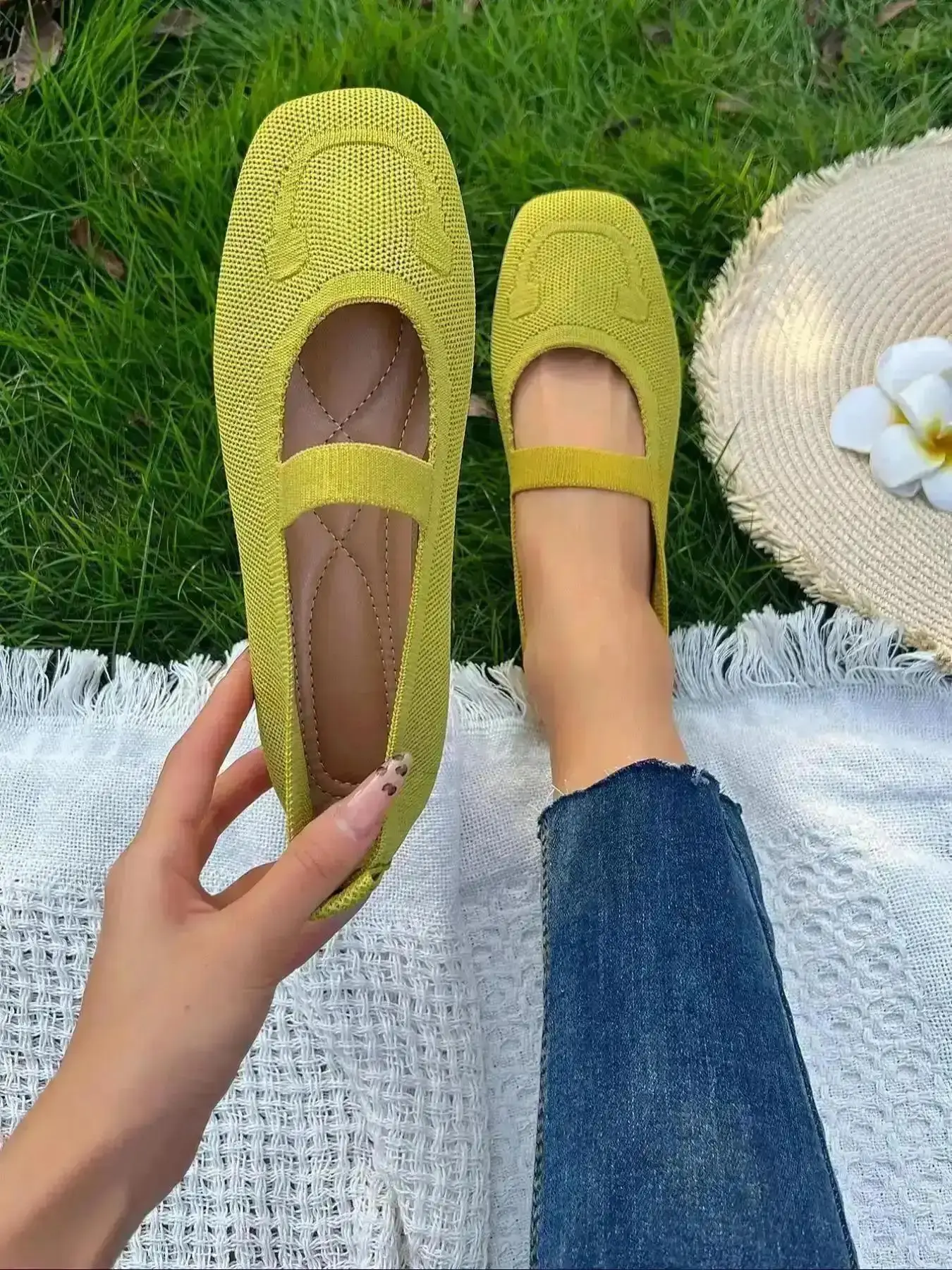 Women's Chic Slip on Flats, Daily Comfy Non-slip Flat Shoes, Uni Commuter for Work & Daily Wear, Netted Ballet, PT, Foldable, Stable, Flexible, Light, Essential, Easy Off Chic Snkrs Daily Essential Style