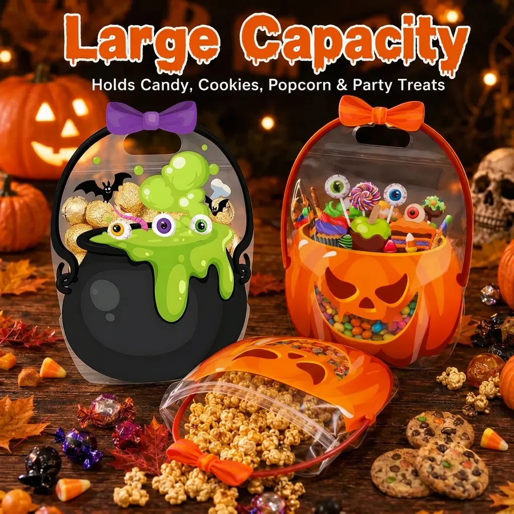 Halloween Resealable Plastic Treat Bags with Handles, Pumpkin Witch Cauldron Designs, Trick-or-Treat Candy Wrapping & Festive Party Decoration Supplies