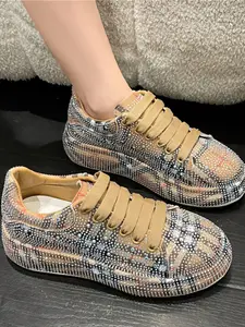 Women's Fashion Casual Shoes with Sparkling Rhinestones, Low-Top Lace-Up Design, Trendy All-Season Leisure Shoes, Trainers