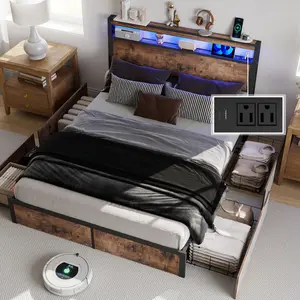 Queen Size Platform Bed Frame with Storage Headboard, RGB LED Light & USB Charging Station, Noise-Free, No Box Spring Needed