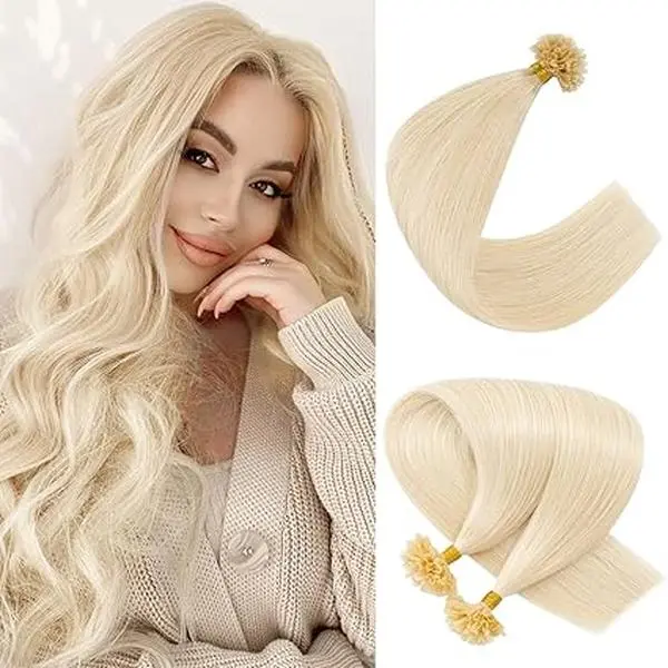 U Tip Hair Extensions - Real Human Hair Pre-Bonded Keratin Hot Fusion Extensions - Platinum Blonde Straight Silky Hair,  50 Strands 30g #60
