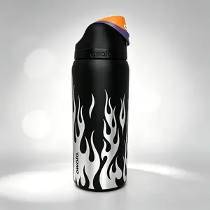 Owala 32oz FreeSip Stylish Insulated Stainless Steel Water Bottle - Black Matte with Silver Flame Print, Leakproof Flip-Top Lid, Versatile and Practical Daily Carry Tumbler for Gym Use