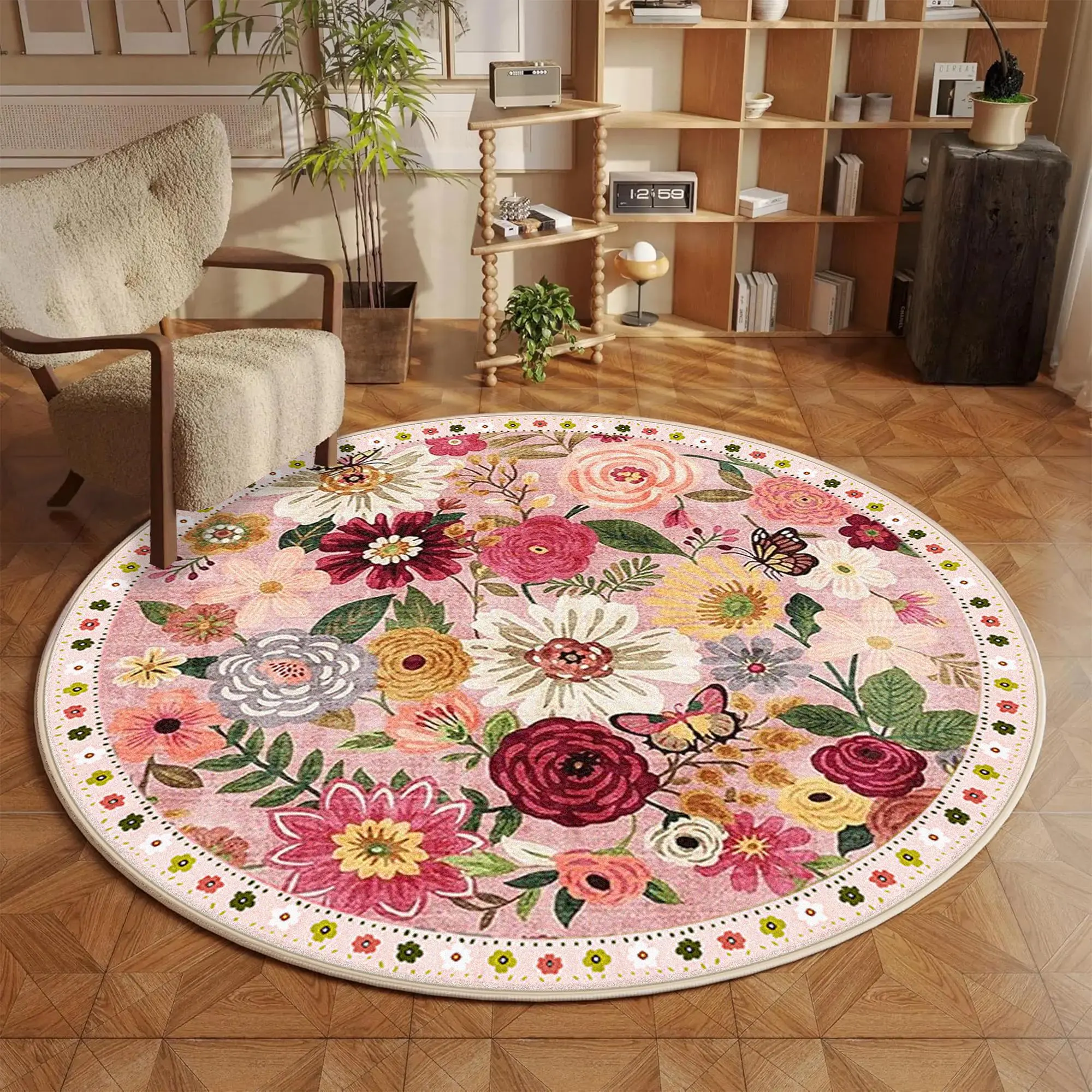Floral Pattern Round Floor Mat, Non-slip Decorative Area Rug, Fashionable Home Decor Accessories for Living Room Bedroom, Floral Print Rug, Modern Area Rug, Modern Indoor Rug, Flower Pattern Rugs