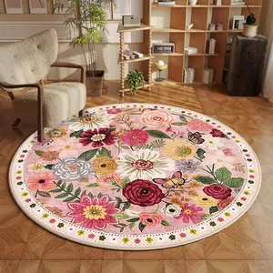 Floral Pattern Round Floor Mat, Non-slip Decorative Area Rug, Fashionable Home Decor Accessories for Living Room Bedroom