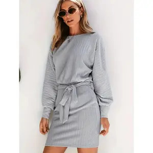 Women's Grey Solid Color Crew Neck Long Sleeved Waist Loose Fitting Plus Size Dress, Spring, Autumn, And Winter Womenswear S-2XL