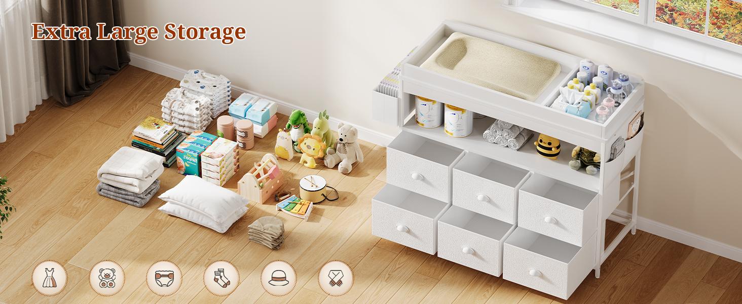 White Sturdy Wood & Engineered Wood Nursery Furniture Infant Changing Table Dresser - 6 Fabric Drawers, Changing Table Top, Storage Shelf, Modern Nursery Diaper Station