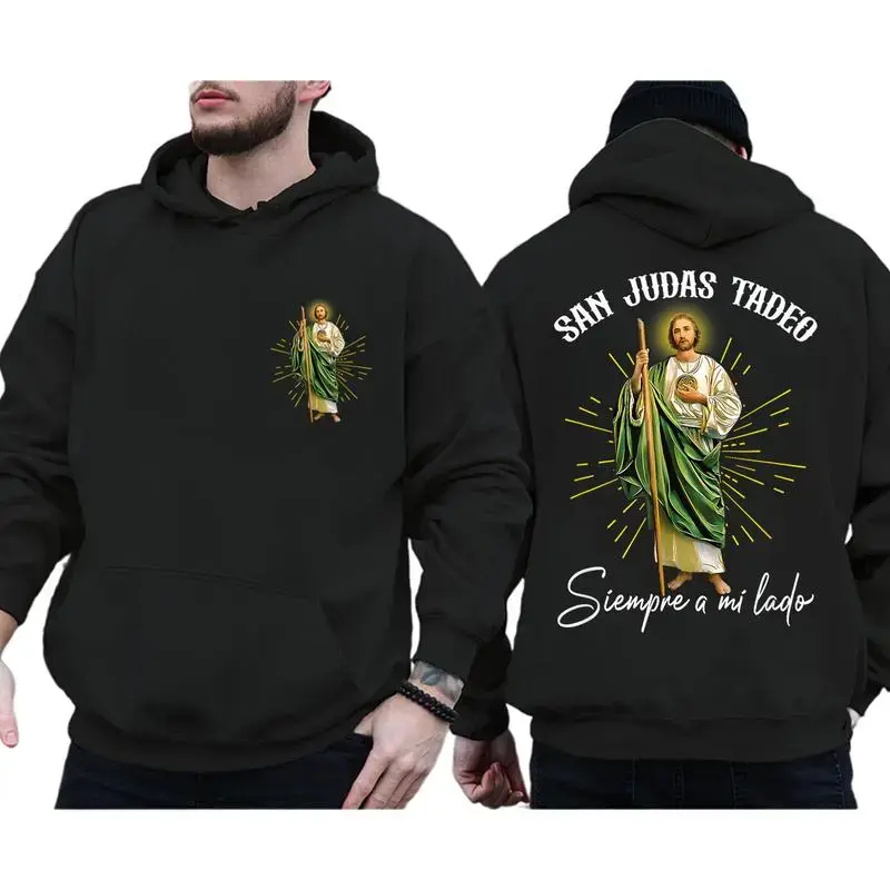 San Judas Tadeo 2 Sides Hoodie – Siempre a Mi Lado Jesus Pullover, Spanish Christian Faith Unisex Pullover
