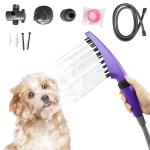 Dog Shower Head 4 Modes Dog Washing Shower Attachment Dog Shower Sprayer with 79" Hose & Rubber Soft Brush Pet Bathing & Grooming Supplies for Pets (Purple)