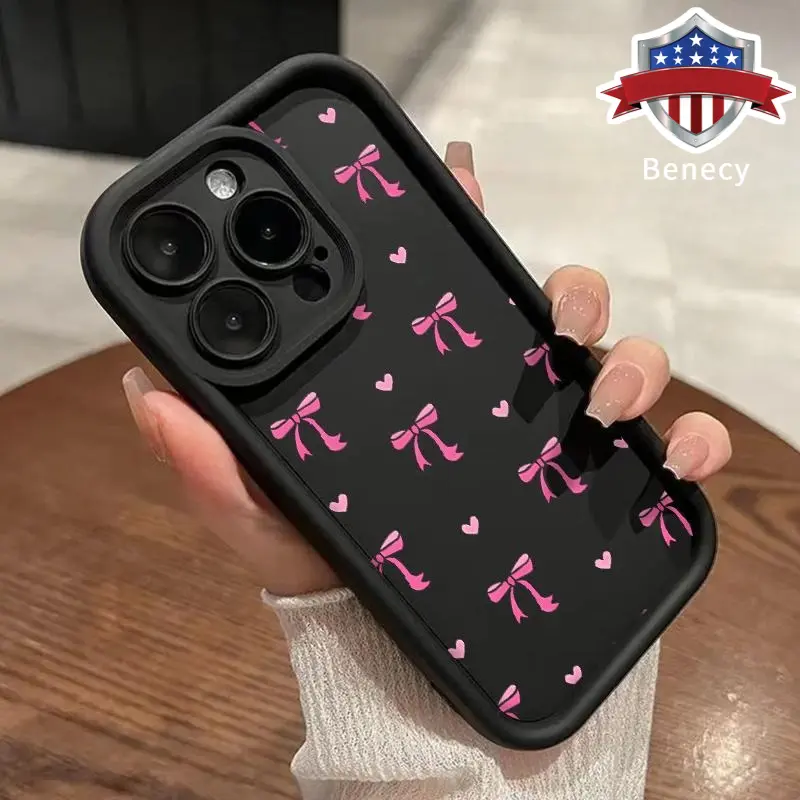 TPU Phone Case for iPhone 15 16 14 Pro Max 13 12 11 XR XS Plus E Cute Pink Bow Pattern Anti-Scratch Shockproof Soft Silicone Protective Cover Smartphone Casing