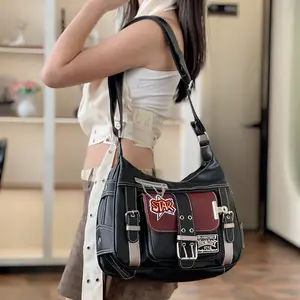 Retro millennium spicy girl subculture crossbody bag, women's fashion new trend, large capacity, vintage motorcycle tote bag women curve