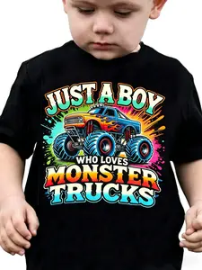 TX31220 Boys' Casual Crew Neck T-Shirt with "Just A Boy Who Loves Monster Trucks" Truck Print Fashion