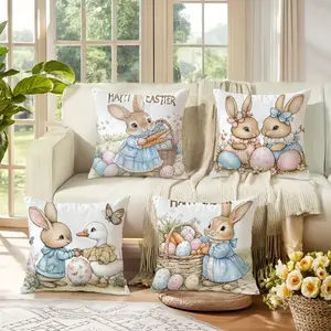 Easter Egg Rabbit Flower Print Pillow Covers Set, 4pcs 45x45cm, Hidden Zipper, Indoor Outdoor Decor, Living Room Bedroom Sofa Car Decoration, Patio Cushion Covers