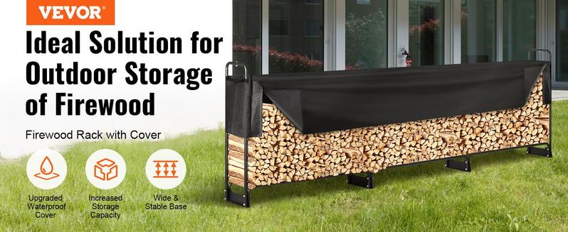 VEVOR 12.7FT Outdoor Firewood Rack with Cover, TikTokShopBlackFriday, 152x14.2x46.1in,Heavy Duty Firewood Holder & 600D Oxford Waterproof Cover for Fireplace, Patio, Indoor/Outdoor Log Storage Rack for 3/4 Cord of Firewood Organiser Room