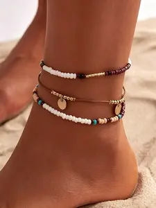 Three-Piece Boho Beaded Anklet Set for Women, Vintage Style, Adjustable, Hawaiian Beach Theme, Fashion Summer Gift, Layered Anklet
