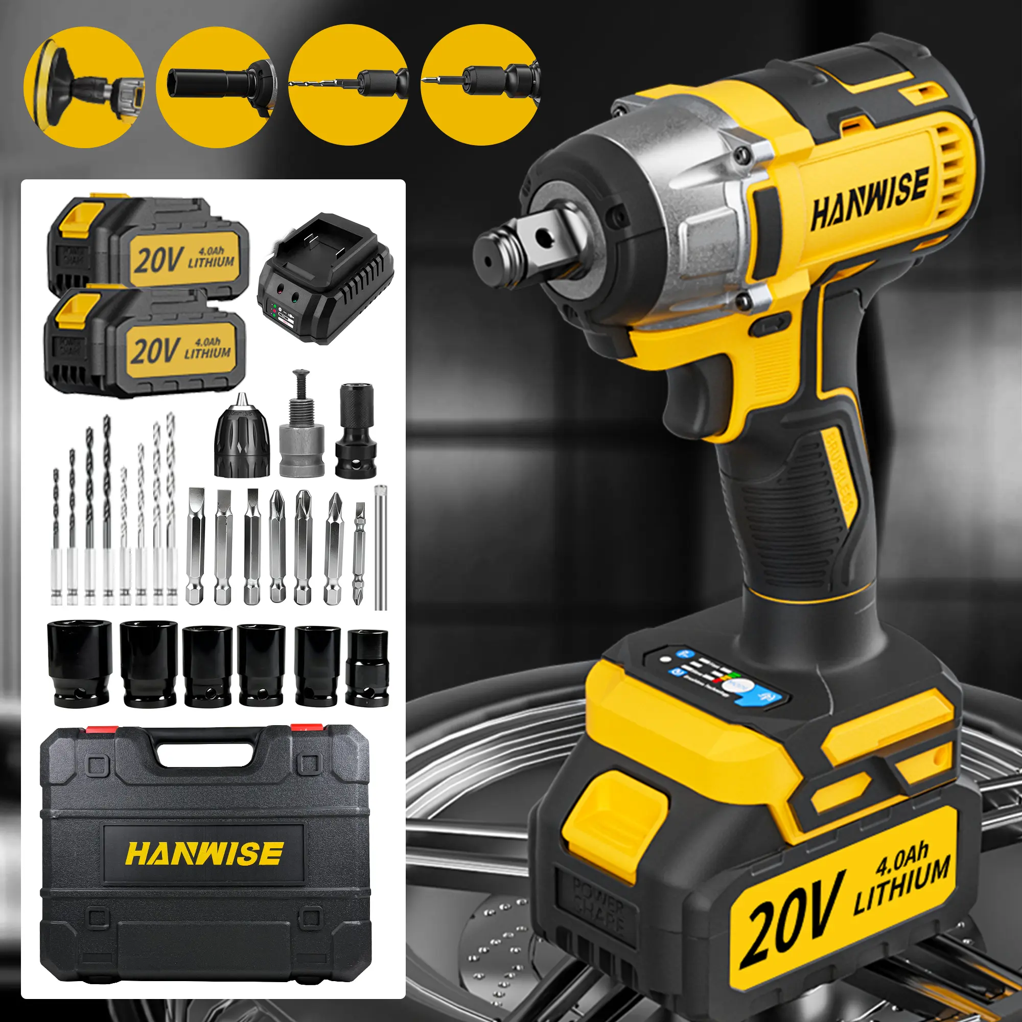 20V Cordless Impact Wrench, High Torque Brushless Power Wrench, 4-IN-1 Multifunctional Electric Tool with 2 Batteries, Socket Set & Accessories for Tire Removal, Car Repair, Home Improvement