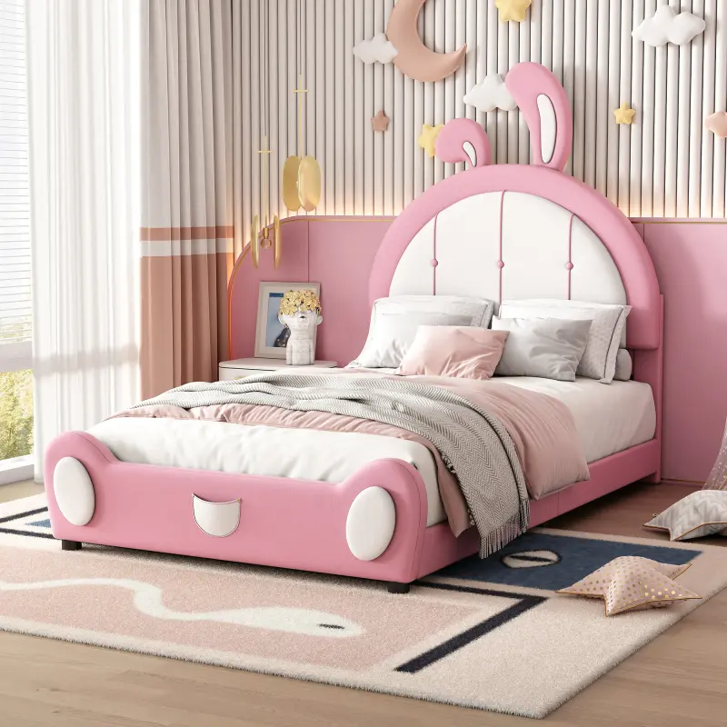 Twin Size Upholstered Platform Bed with Rabbit Shaped Headboard Twin Size Upholstered Platform Bed with Rabbit Shaped Headboard
