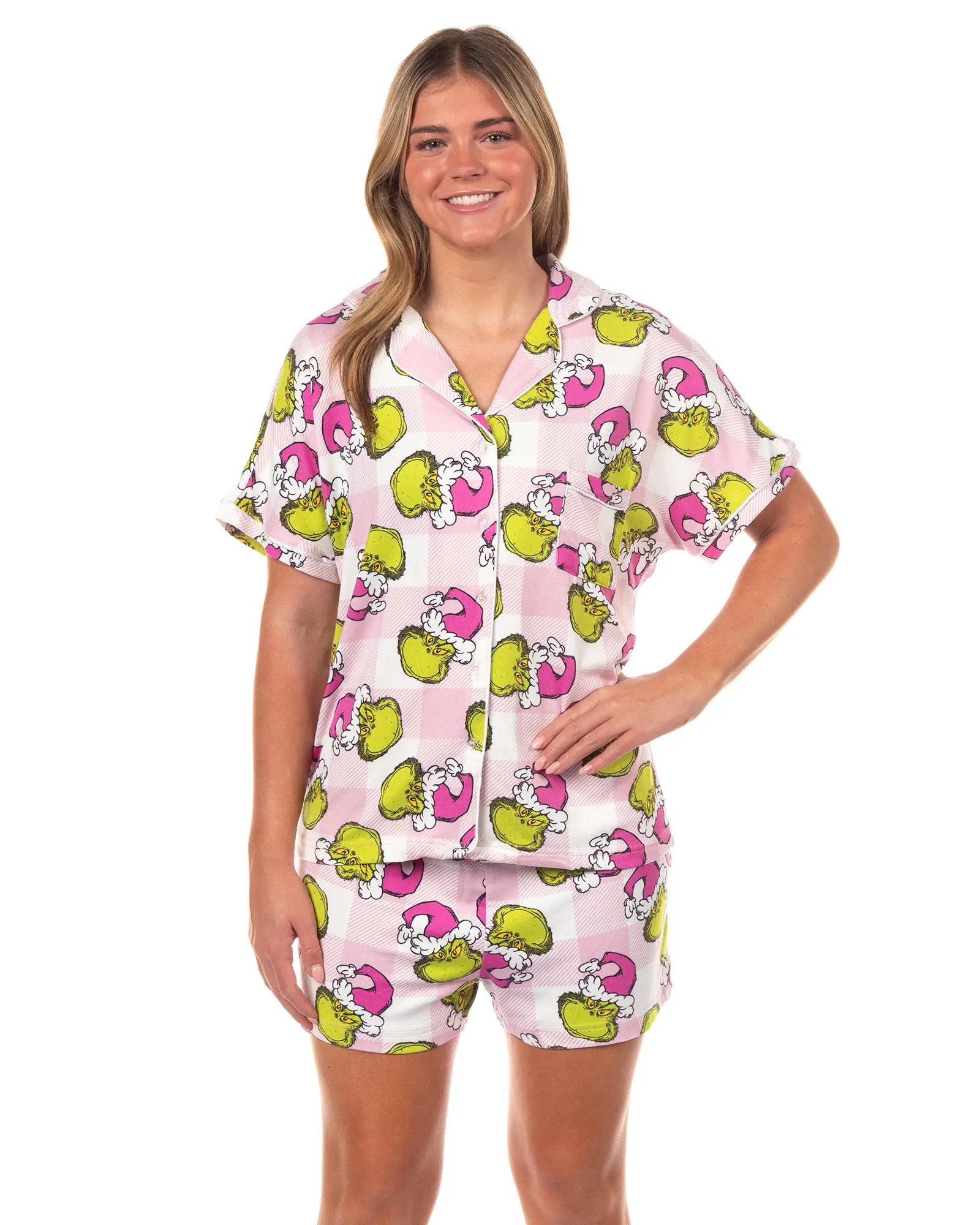 Women's 2-Piece Pajama Set, Notch Collar Pink Plaid Shorts Set with Santa Hat Character Print, Smooth Polyester Loungewear, Nightwear