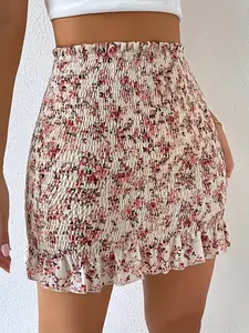 Floral Print Shirred High Waist Skirt, Elegant Bodycon Skirt For Spring & Summer, Women's Clothing