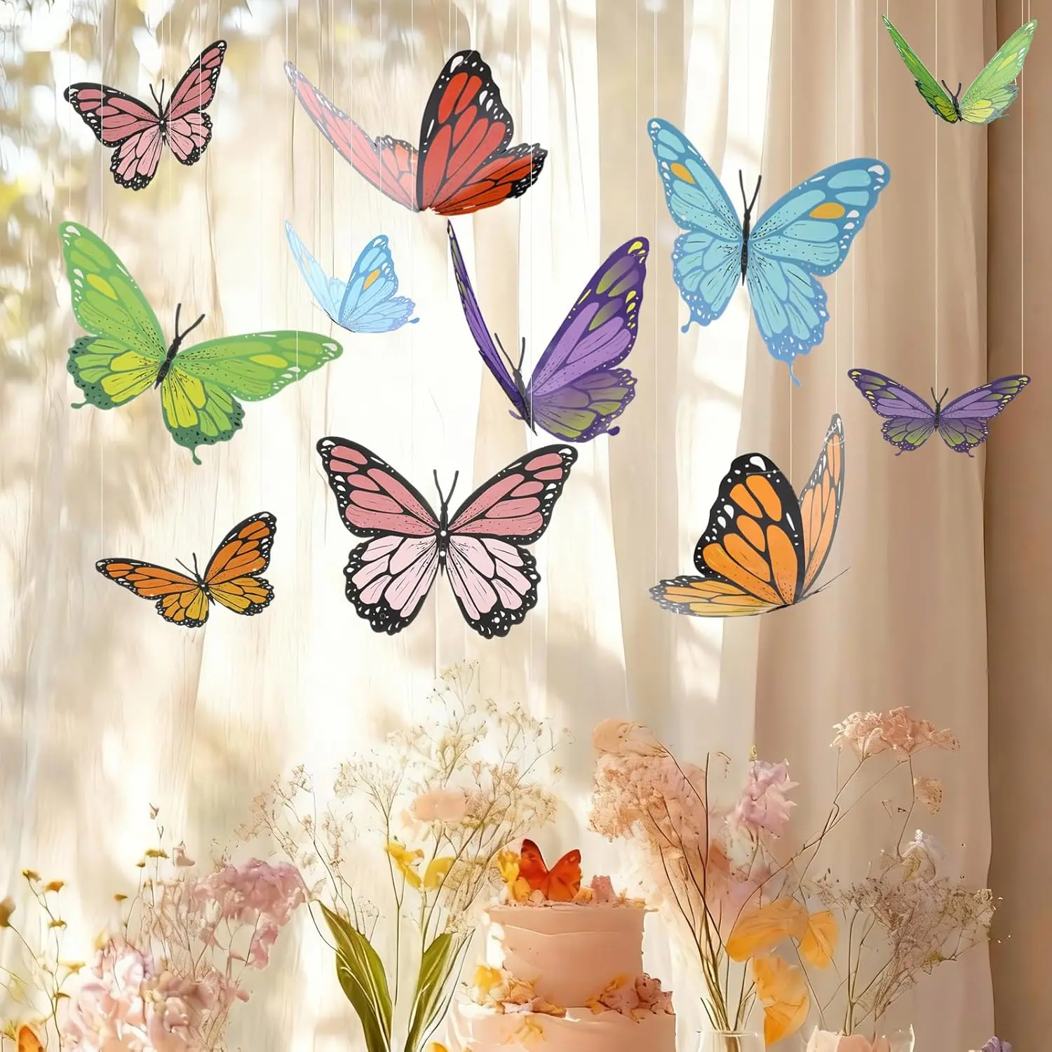 18 Pcs Large Butterfly Party Decorations 3D Colorful Paper Butterfly Hanging Decoration 2 Sizes Paper Butterflies Birthday Party Supplies for Wedding Spring Baby Shower Room Ceiling Decor