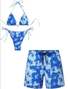 Blue Hawaiian Floral Couple Swimwear – Women’s Triangle Bikini & Men’s Beach Shorts, Matching His & Hers Summer Beach Vacation Swimsuits