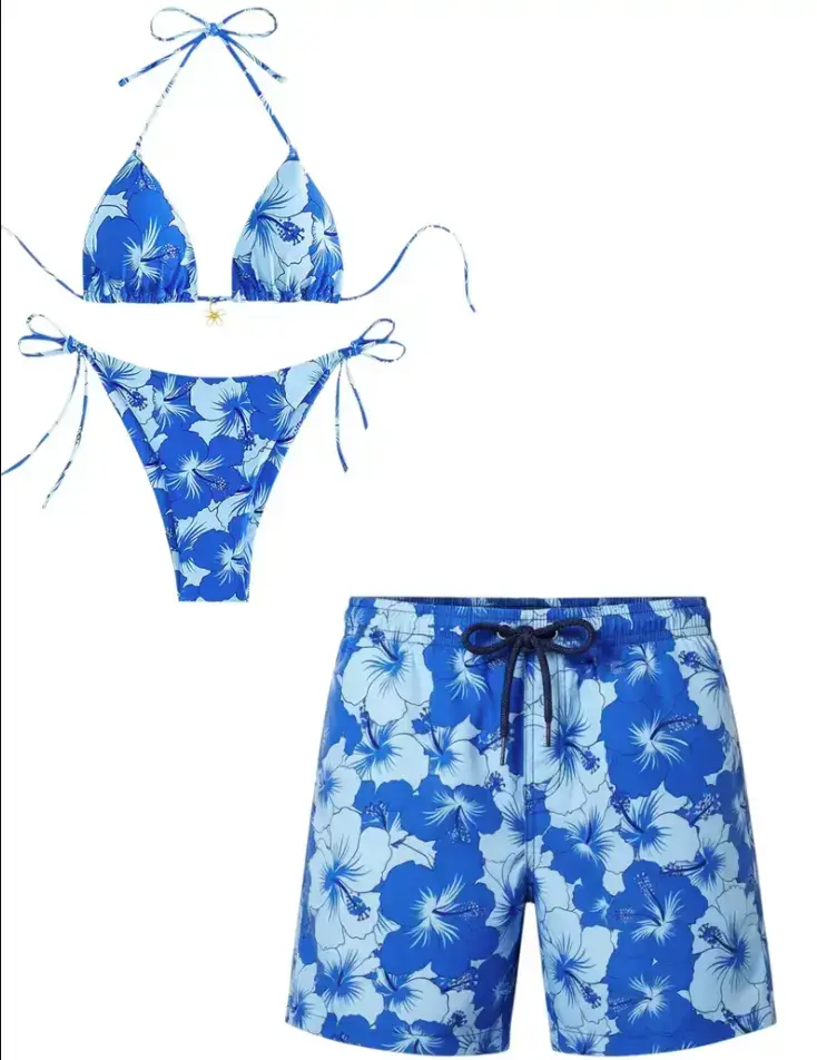 Blue Hawaiian Floral Couple Swimwear – Women’s Triangle Bikini & Men’s Beach Shorts, Matching His & Hers Summer Beach Vacation Swimsuits