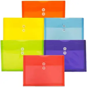 Plastic Envelopes with Button & String Tie Closure - Letter Booklet - 9 3/4 x 13 - Assorted Primary Colors - 6/Pack