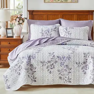 Floral Set 3 Piece Flower Sets Queen Size - Reversible Microfiber with 2 Shams Soft Breathable Botanical Bedding Bedspread Coverlet Summer Comforter All Season Purple Leaves