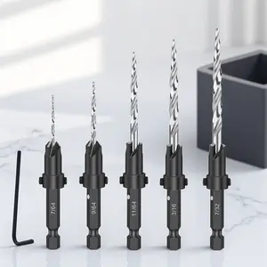 High-Speed Steel Countersink Drill Bit Set 5-Piece Imperial Taper Hex Shank Woodworking with Hex Key Precision Drilling Chamfering Tool for Furniture DIY Woodworking Industrial Durable Multi-Function Portable Professional Wood Drill Kit Drill Bits Set