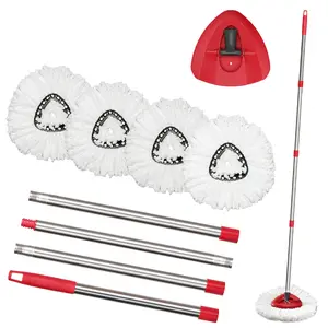 Adjustable Stainless Steel Spin Mop Replacement Pack - 30"-58" Handle, Base, 4 Cotton Refills, Cleaning Head, Compatible with Most Spin Mops, Ideal for Household Items, Wooden Surfaces