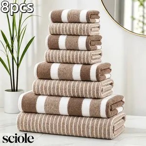 8-piece set: ultra-absorbent bath towels that don’t shed easily; ultra-soft two-tone striped interval bath towel combination; premium ultra-fine microfiber bathroom towel set including 2 bath towels, 2 washcloths, and 4 hand towels; suitable for bathrooms