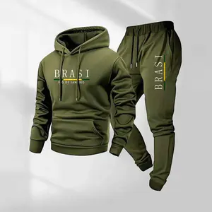 Men's 2-Piece Brazilian Letter Pattern Hoodie & Drawstring Sweatpants Set - Casual Athletic Long-Sleeve Hooded Jacket & Trousers for Fall, Winter Daily, Indoor-Outdoor Sportswear, Athleisure Menswear Clothing Set