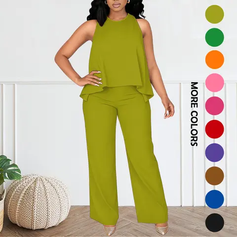 MOEENCN Women's Fitted 2-Piece Spring-Summer Fashion Set - Lightweight Flowy Halter Top, High-Waisted Wide Leg Pants, Shape-Hold Fabric, Comfortable for Casual & Dressy Occasions, Basic Black, 2 Piece Clothes