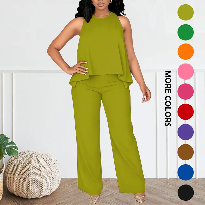 MOEENCN Women's Fitted 2-Piece Spring-Summer Fashion Set - Lightweight Flowy Halter Top, High-Waisted Wide Leg Pants, Shape-Hold Fabric, Comfortable for Casual & Dressy Occasions, Basic Black, 2 Piece Clothes