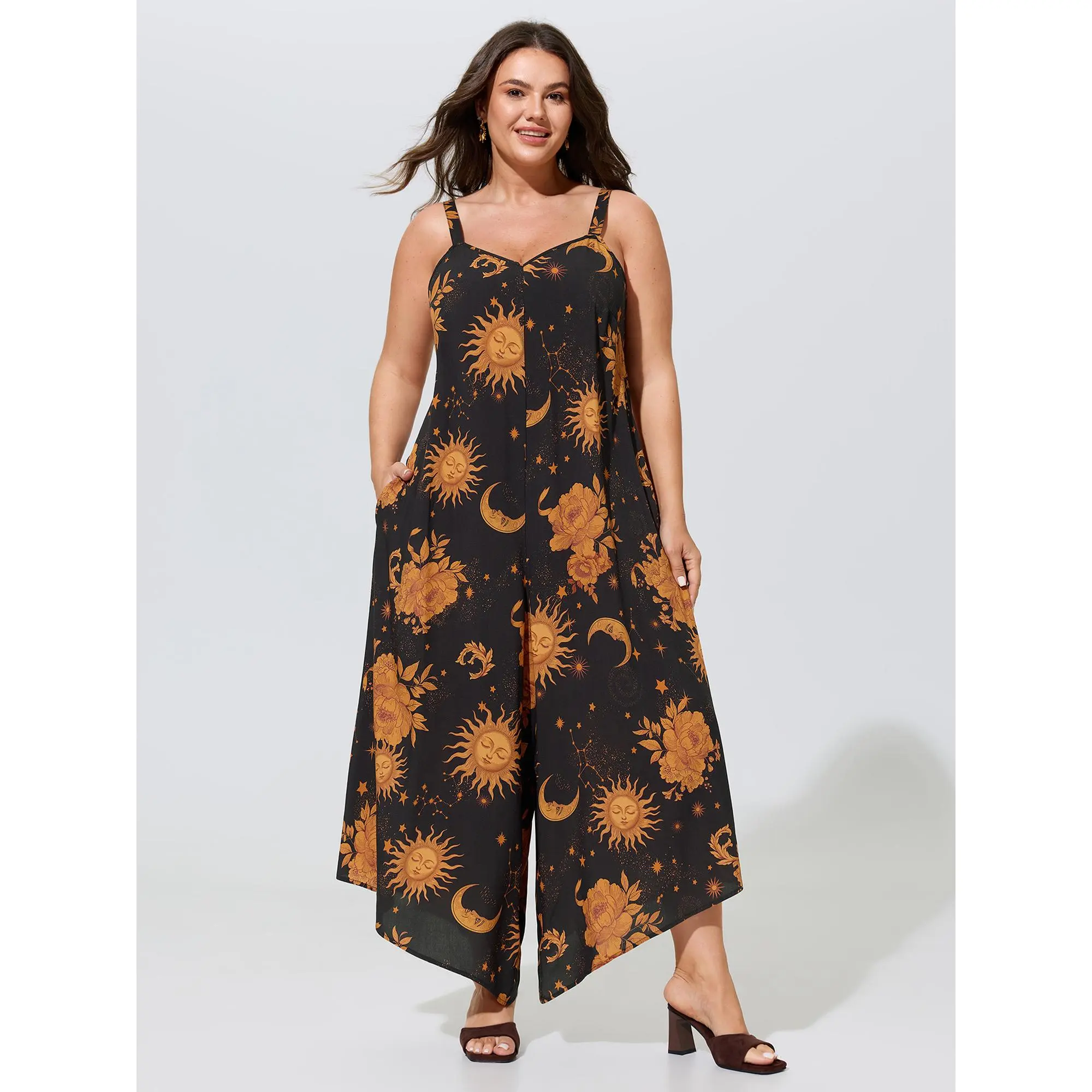 BloomChic Plus Size Jumpsuit, Sleeveless Galaxy Print Resort Overalls in Rayon Fabric, Wide-Leg Garment with a Pocket, Women, Curvy Women Plus Size, Resort Wear