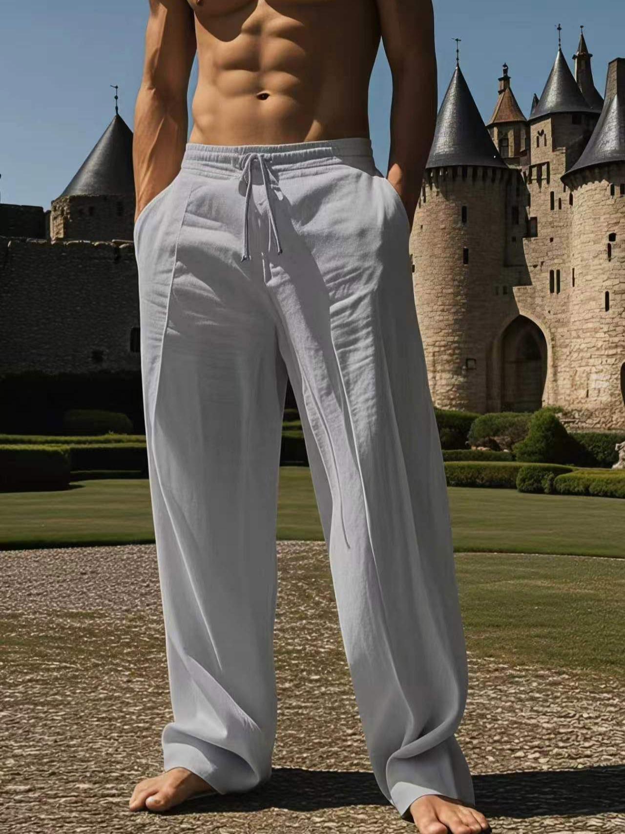 Men’s comfortable solid-color straight-leg pants—casual loose fit with drawstring elastic waistband and pockets; long pants suitable for summer beach vacations and everyday wear.
