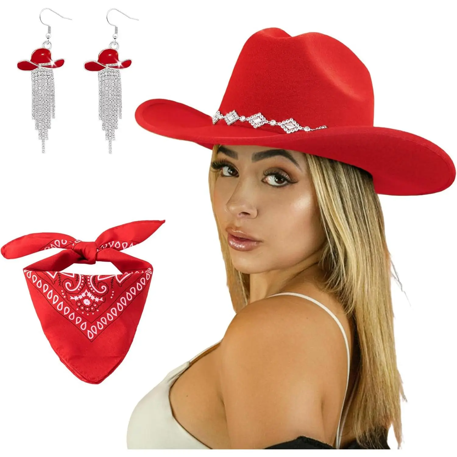 Wide Brim Rhinestone Cowboy Hat with Bandana Tassel Earrings 3db229df-2cbb-464f-95e8-  main image 4