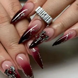 xl Long Press on Nails Almond Tip Nails Press Ons Red Black Ombre Designs False Nails Full Cover Glossy Artificial Acrylic Fake Nails 24pcs Gift for Women - Red Love Diamond