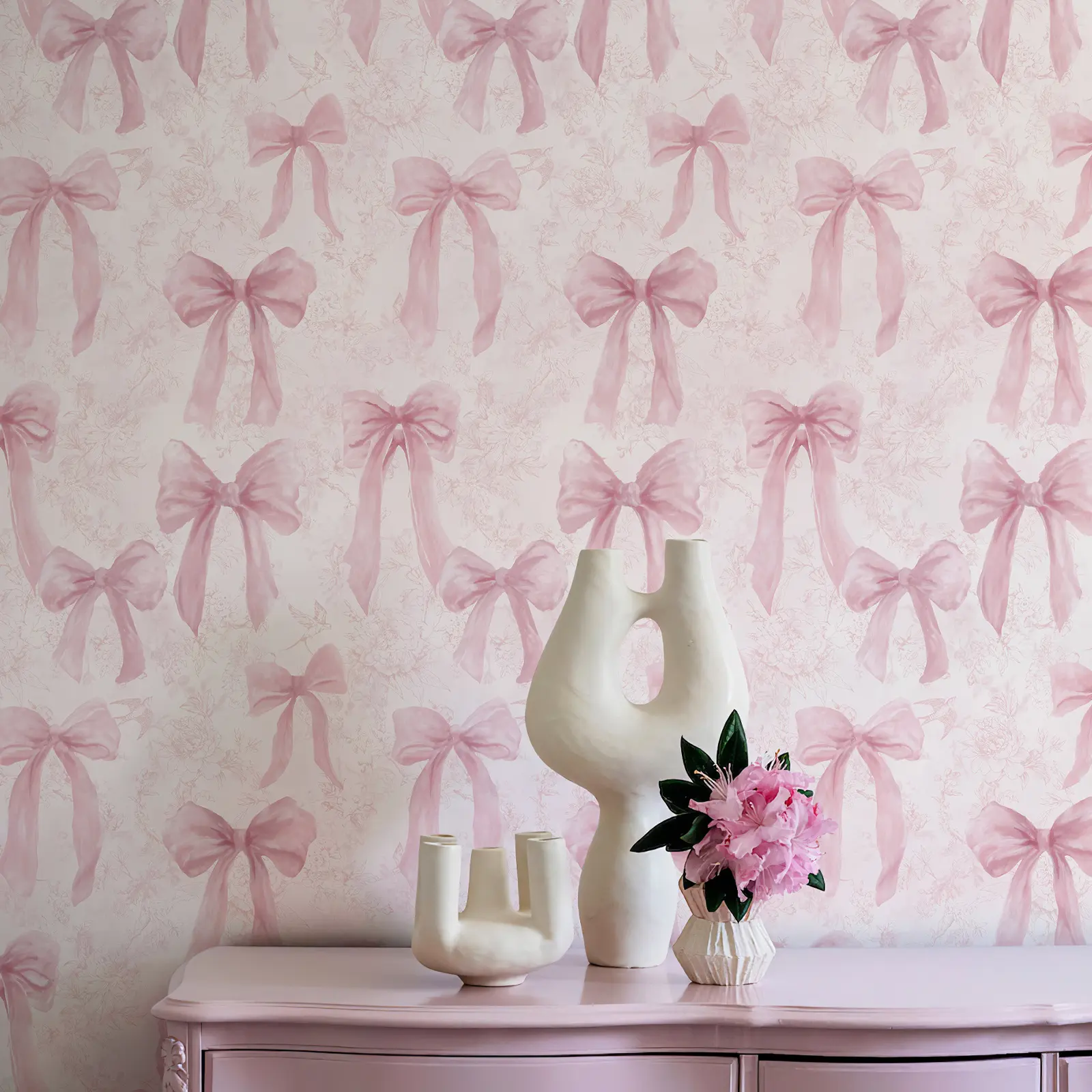 Pink Bow Peel and Stick Wallpaper, Removable Self Adhesive Wallpaper for Bedroom Closet Bathroom Living Room, Cute Ribbon Wall Decor for DIY Home Makeover