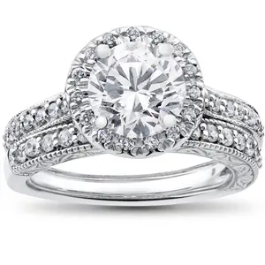 2 1/2ct Halo Lab Grown Diamond Engagement Vintage Matching Wedding Ring Set Gold