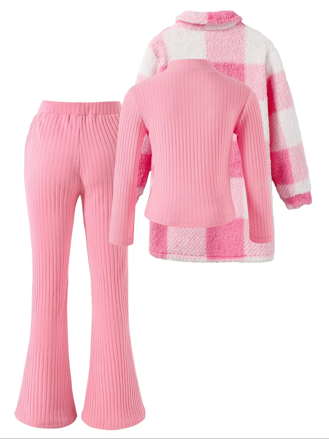 Three-piece Set Girl's Plaid Print Button Front Pocket Jacket & Plain Sweatshirt & Flare Leg Pants Set, Casual Long Sleeve Collared Outerwear & Top &
