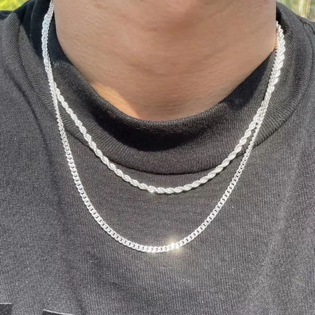 Men's 2-Piece 3mm Layered Cuban Link & Rope Chain Necklaces Set, 18-28in Silver Trendy Summer Vibes Jewelry, 2 piece sets for Boyfriend Anniversary & Birthday Gifting, Gifts For Boyfriend, Birthday Gifts For Bf, Stylish Accessories